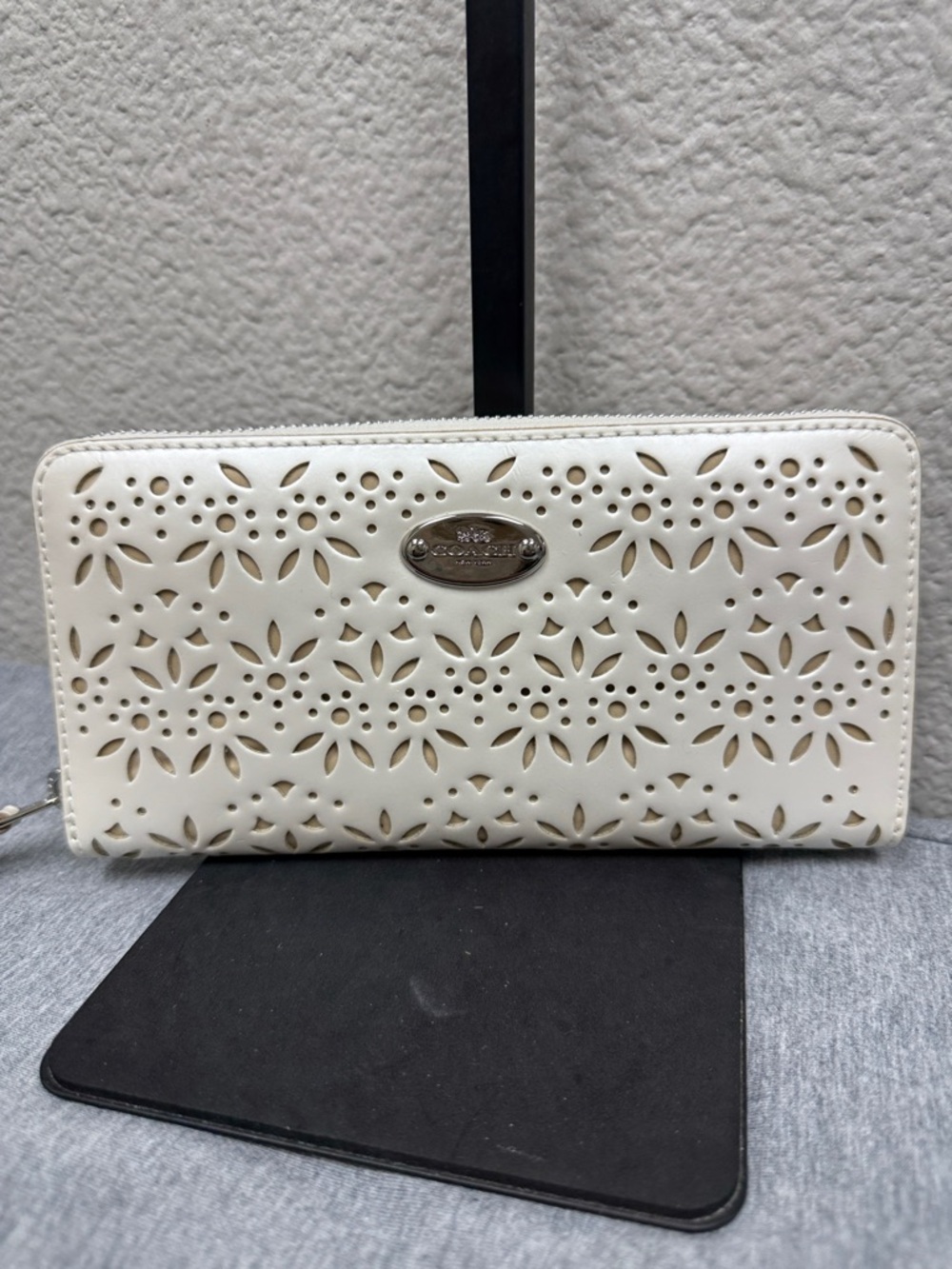 Coach White Laser-Cut Floral Zip Wallet